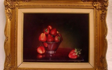 MAGNIFICENT O/B STILL LIFE PAINTING STRAWBERRIES BY T. AMIRY CALIFORNIA ARTIST