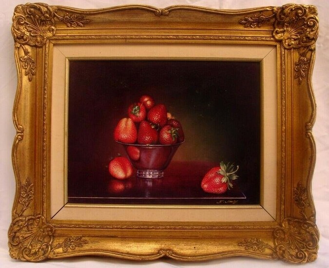 MAGNIFICENT O/B STILL LIFE PAINTING STRAWBERRIES BY T. AMIRY CALIFORNIA ARTIST
