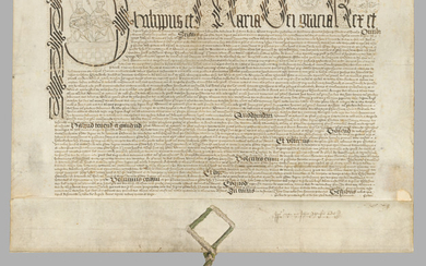 MARY I (1516-1558), Queen of England and Ireland, and PHILIP II of Spain (1527-1598) as King of England and Ireland. Document with initial letter portrait, letters patent granting the manor of Smewyns alias White Waltham, Berkshire, to John Norreys,...