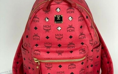 MCM Cognac Visetos Red Leather Studs Stark Backpack