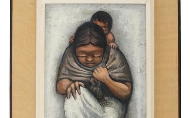 MEXICAN OIL PAINTING MOTHER AND CHILD SIGNED