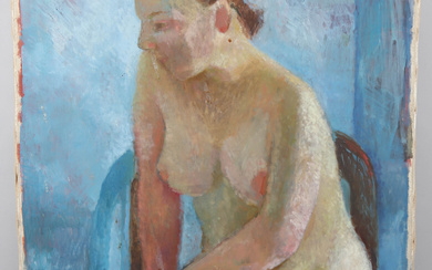 MONICA BRATT (1913-1961). Model study on blue background, oil on canvas, signed.