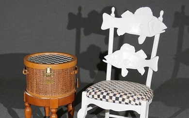 MacKenzie-Childs Stained, Painted and Decorated Wicker Storage Box on Stand and a White Painted 'Fish' Side Chair