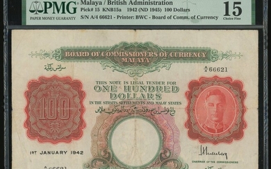 Malaya: Board of Commissioners of Currency, $100, 1.1.1942, serial number A/4 66621, (Pick 15)