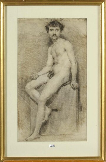 "Male nude study" charcoal on paper. Anonymous. French...