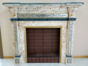 Marble fireplace with hand-made wooden details - Green marble and details made in wood by hand