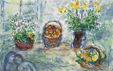 Marc Chagall (1887-1985) Fleurs et corbeilles de fruits sur l...