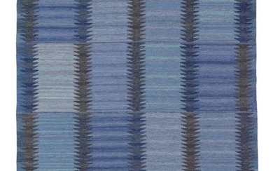 Marianne Richter: “Rosita blå”. Handwoven wool carpet in “rölakan” flatweave technique with geometric pattern in shades of blue. Signed AB MMF MR.