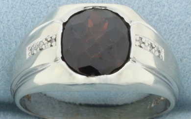 Mens Garnet and Diamond Ring in 10k White Gold