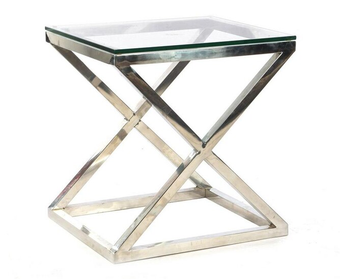 Metal cross legged table with glass