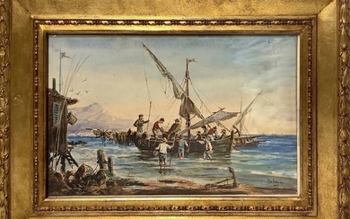 Michele Catti (Palermo, 1855 - Palermo, 1914), Marina con barche e pescatori