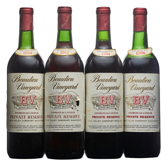 Mixed Beaulieu Vineyards, Private Reserve Cabernet Sauvignon, Beaulieu Vineyards, Private Reserve Cabernet Sauvignon 1960 Slightly bin-soiled labels, one slightly nicked Levels two into neck and one top shoulder (3) 1962 Slightly bin-soiled and nicked...