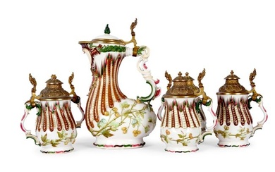 Mixed lot: Large beer jug with lid and 5 small beer mugs, German, around 1900