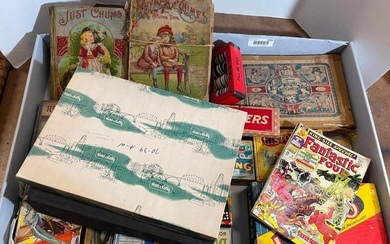 Mixed lot of vintage books and games, including Just Chums, etc
