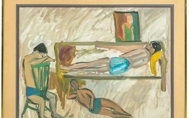 Modern 20C Interior Semi Nude Figural Oil Painting