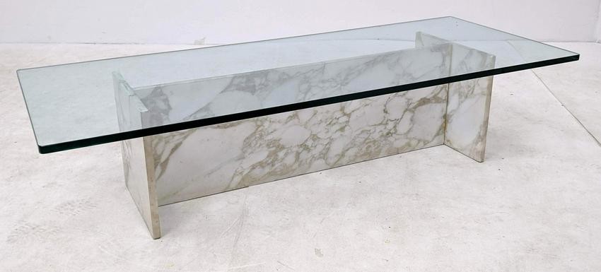 Modernist decorator White Marble and Glass Coffee Table