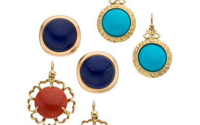 Multi-Stone, Gold Earrings The lot includes three pairs of...