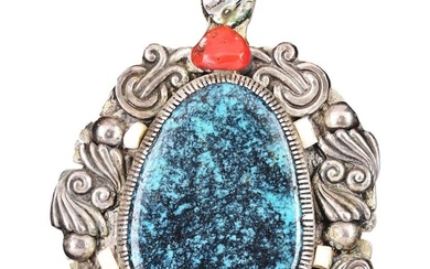 NATIVE AMERICAN SILVER & TURQUOISE AMULET.