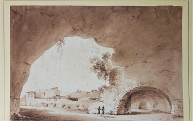 NICOLLE Victor Jean (1754-1826) Vue de ruines Italiennes animées. Lavis d'encre brune. Parfait état. 15,9x24cm....