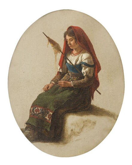Neapolitan School, late 19th century- Study of a girl spinning wool; oil on canvas laid down on board, oval mount, 27 x 21 cm. Provenance: Private Collection, UK.