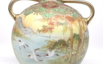 Nippon Flying Bird Landscape Scene Painted Vase