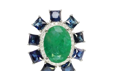 No Reserve Price - Ring - 14 kt. White gold, IGI Report 2.55ct Emerald 3.07ct Sapphire & 0.22ct Diamond Emerald - Diamond