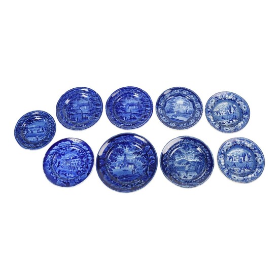 One Staffordshire Blue Transfer-Printed Bowl and Eight