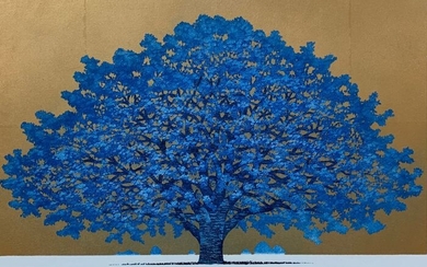 Original woodblock print - botanical, stars, sky, gold - Paper - botanical - Hajime Namiki (b 1947) - "Tree Scene 136" - Signed and numbered by the artist 191/200 - Japan - 2009