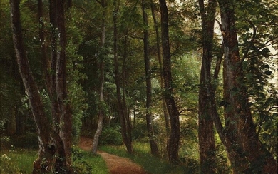 SOLD. P. C. Skovgaard: A road through a forest. Signed with monogram and dated 1860. Oil on canvas. 36 x 46 cm. – Bruun Rasmussen Auctioneers of Fine Art