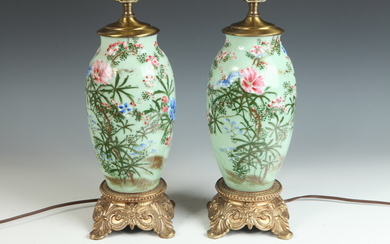 PAIR CHINESE POLYCHROME-PAINTED CELADON GLAZED PORCELAIN OVOID VASES MOUNTED AND...