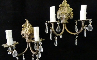 PAIR OF BRASS AND CRYSTAL SCONCES - 2 LITE 8 1/2" HIGH