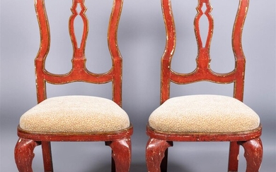 PAIR OF CONTINENTAL ROCOCO PARCEL-GILT SCARLET PAINTED SIDE CHAIRS