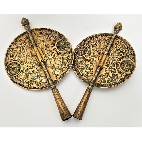 PAIR OF INDO PERSIAN BRASS PROCESSIONAL ALAMS or staff finia...