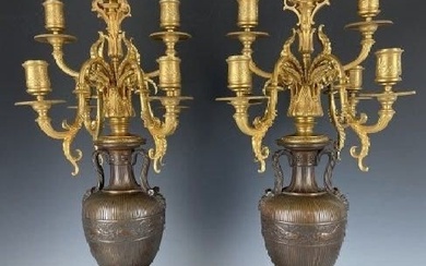 PAIR OF NEOCLASSICAL BRONZE & ROUGES MARBLE CANDELABA