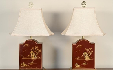 PAIR OF RED LACQUER CHINOISERIE LAMPS