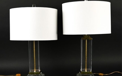 PAIR OF VINTAGE LUCITE, BRASS, & GLASS TABLE LAMPS