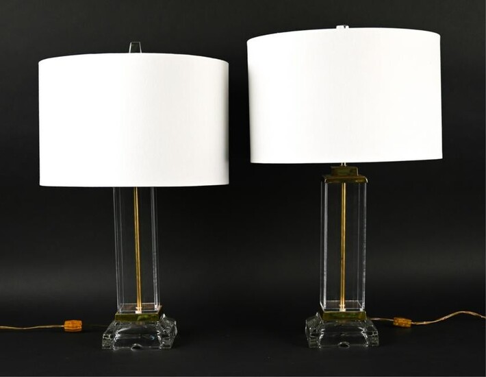 PAIR OF VINTAGE LUCITE, BRASS, & GLASS TABLE LAMPS