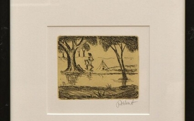 PRO HART, UP SPRANG THE SWAGMAN AND JUMPED IN THE WATERHOLE FROM THE WALTZING MATILDA SERIES, ETCHING 74/100, SIGNED BELOW IMAGE, ED...