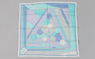 PUCCI : PERIWINKLE BLUE AND TEAL SQUARE SCARF. Estimate $150-250...