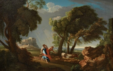 «Paesaggio tempestoso con fulmine e figure» e «Paesaggio arcadico fluviale con figure e armenti», Scuola francese inizio XVIII secolo