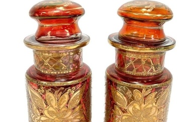 Pair Bohemian Cranberry Red Gold Encrusted Lidded Jars, 3rd Quarter 20th Century