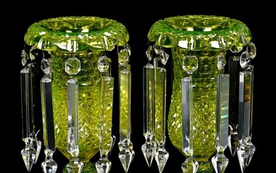 Pair Candle Lusters, Solid Vaseline Glass