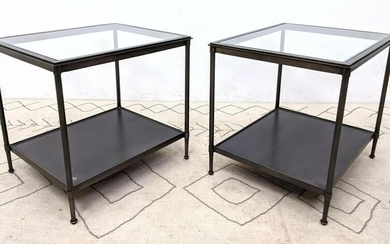Pair Contemporary Iron and Glass Side Tables. Gun metal