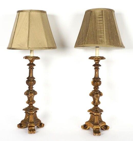 Pair Early Italian Carved Gilt Wood Pricket Lamps