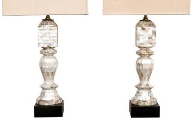 Pair Eric Appel Tessellated Mother of Pearl Lamps with Marble Base
