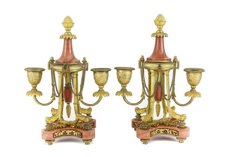 Pair French Gilt Bronze Pink Marble Footed Candelabras