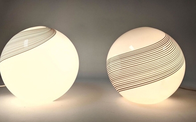 Pair Italian Glass Ball Lamps. Swirl design.