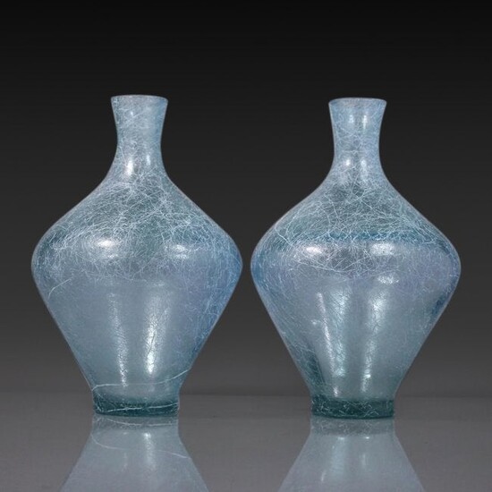 Pair Modern Design Blue Glass Bulbous Bottles / Vases