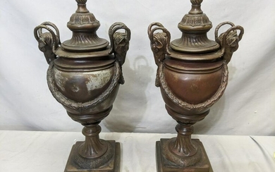 Pair Vintage Bronze Covered Urns w/ Ram Head Handles