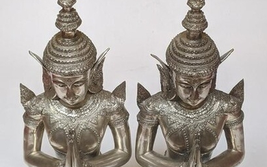 Pair Vintage Thai Silvered Brass Theppanom